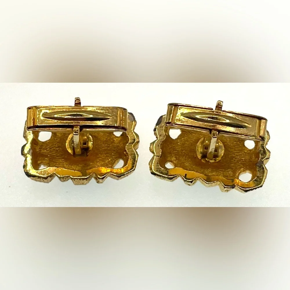 Vintage Gold Tone Rectangular Open Work Cufflinks with Green Oval Gem Center